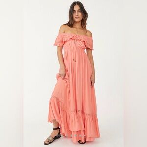 Free People Vibrant Coral Moonlight Ocean Maxi Dress